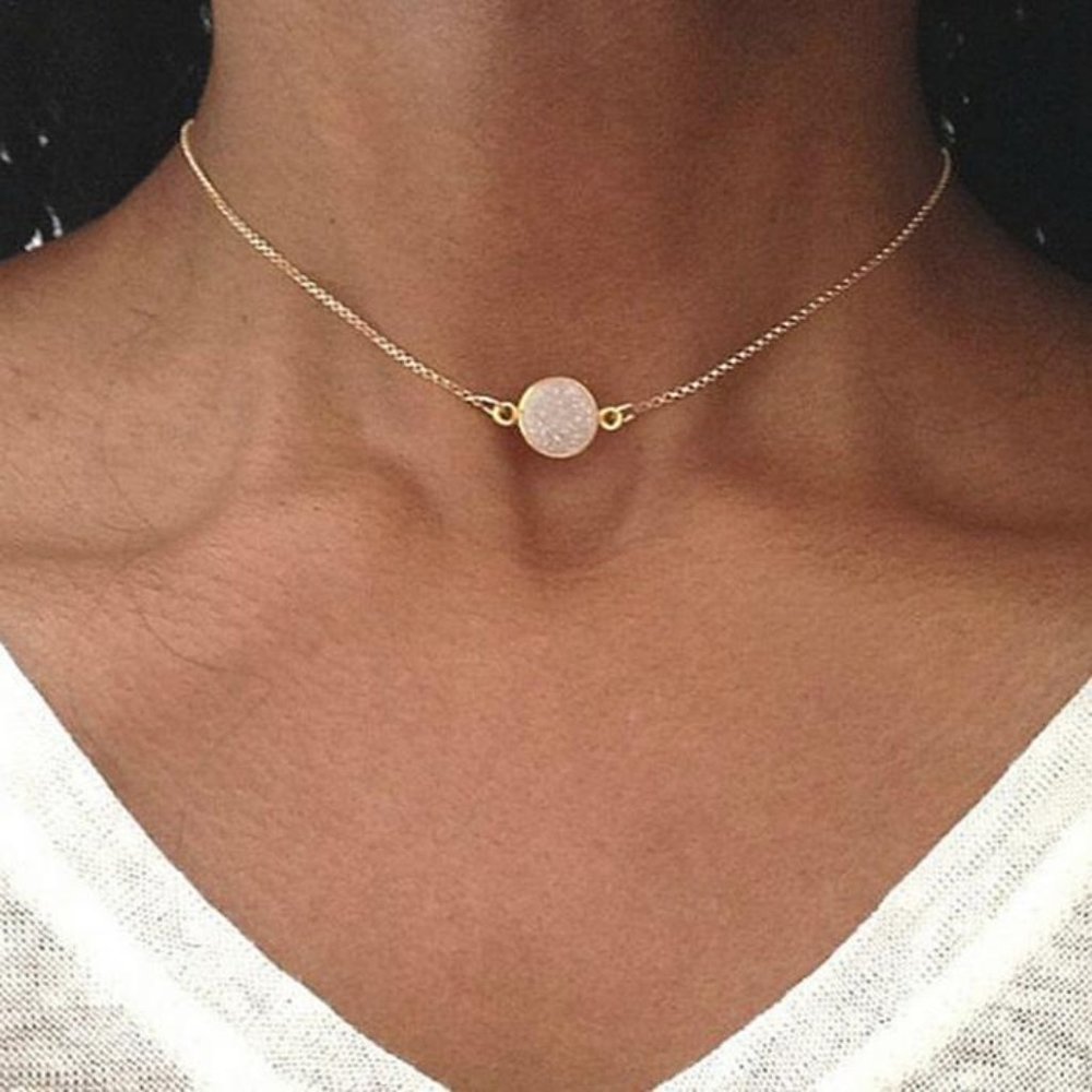 Peach Druzy Round Circle Pendant Dainty Minimalist Gold Chain Necklace